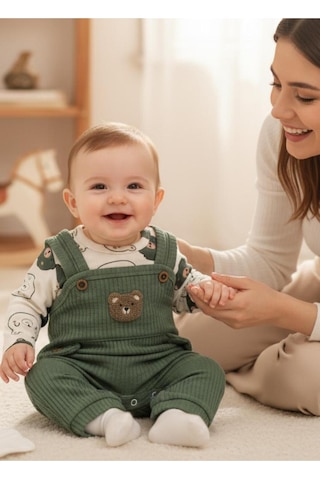 Altıntaş Baby Ayı Nakışlı Bebek Tulum Yeşil Yeşil