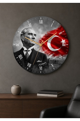 AA Shop Atatürk Temalı Baskılı Dekoratif Baskılı Ahşap Duvar Saati Sessiz Akar Mekanizmalı 806 Çoklu Renkli