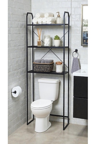 Metal Ayaklı 3 Raflı Banyo Rafı Klozet Üstü Dekoratif Raf Siyah