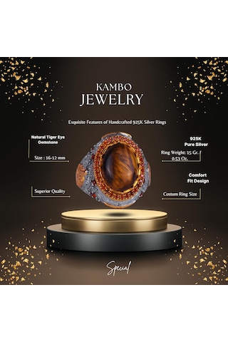 Gerçek Doğal Taş Yüzük - Sultan Yüzük - 925 Ayar Gümüş Yüzük Kaplan Gözü Gümüş