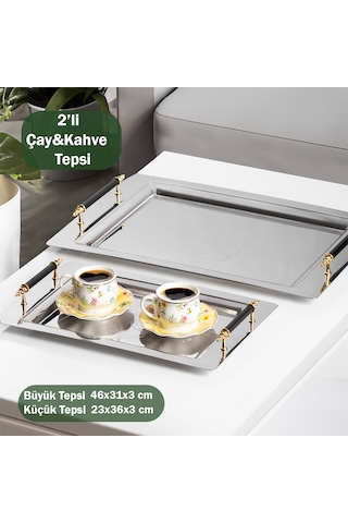 Porsima Gold 2 Li Paslanmaz Çelik Kahve Sunum Tepsisi Gümüş Go...