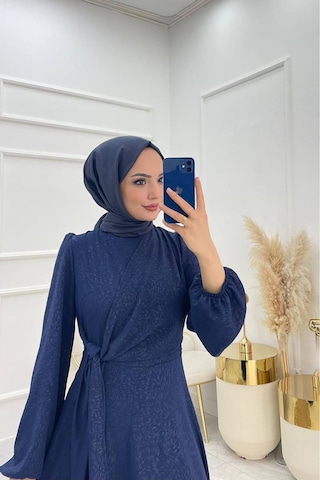 Neşeli Butik Kadın Bağlama Detaylı Jakarlı Tesettür Elbise Nms044 Saks