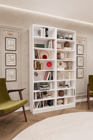Asra Trend K-09 %100 MDF 120 cm 2 Modüllü Kitaplık 14 Raflı Kütüphane Beyaz