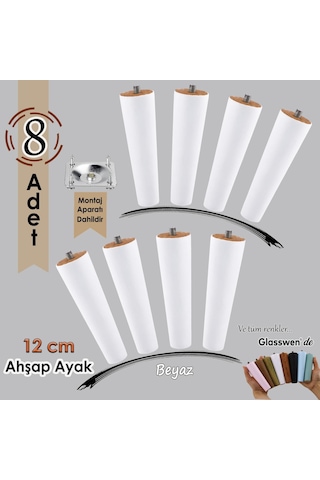8 Adet Ahşap Ayak 12 Cm Beyaz M8 Civatalı Bağlantı Aparatlı Dolap Mobilya Koltuk Kanepe Destek Ayağı Ayakları Beyaz