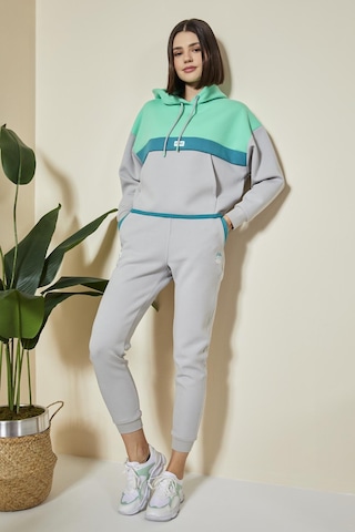 Tommy Life Taş Kapüşonlu Pamuklu Renk Bloklu Kadın Eşofman Takım - 95327 Taş