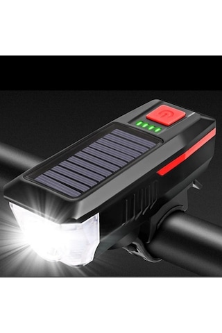 Solar Enerjili Usb İle Şarj Edilebilir Ledli Bisiklet Feneri Kornalı Ve Su Geçirmez Far 4741 Altın