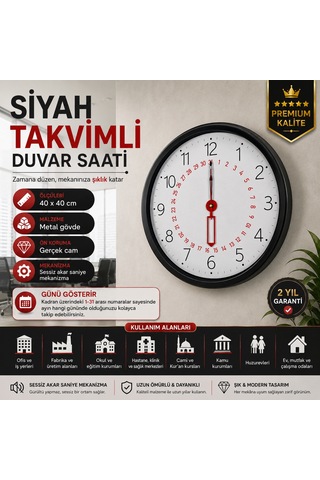 Siyah Takvimli 40 X 40 Cm Metal Duvar Saati
