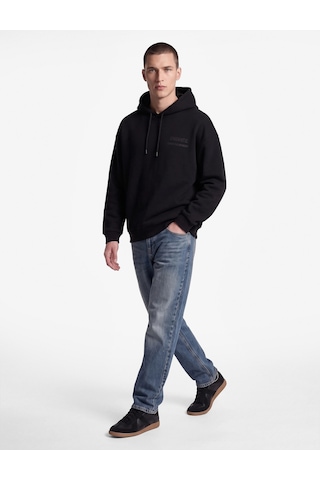 Koton Uzun Kollu Üç İplik Şardonlu Rahat Kalıp Kanguru Cepli Kapşonlu Baskılı Sweatshirt Siyah 7wam70208mk