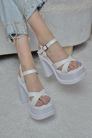 Asmi Shoes Kadın Çapraz Bantlı 12 Cm Platformlu Topuklu Ayakkabbı Beyaz Beyaz