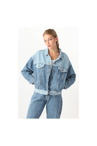 Kadın Renk Bloklu Oversize Jean Ceket Mavi 001