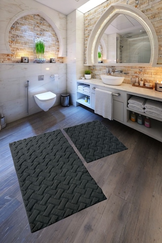 Desenli Tavşan Tüyü Yumuşak 2 Li Banyo Paspası Kaymaz Tabanlı Klozet Takımı Antrasit Antrasit
