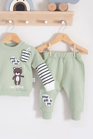 Gift For You Desenli 2'li % 100 Pamuk Erkek Bebek Takımı Yeşil