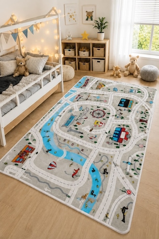 STY Home Trafik Çocuk Oyun Halısı Kaymaz Makinede Yıkanabilir Eğitici Bebek Ve Çocuk Odası Halısı Oyun74 Gri