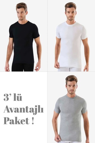 Floranova Hediyelik Eşya Rahat İçlik Sade Tarz Erkek Beyaz Siyah Gri Sıfır Yaka Kısa Kollu Fanila 3'lü Çok Renkli