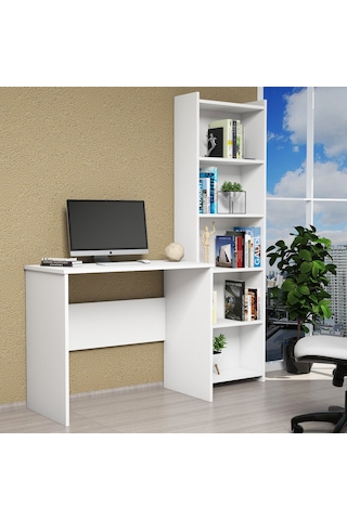 Ferniso Mobilya Çalışma Masası + 5 Bölmeli Kitaplık Beyaz