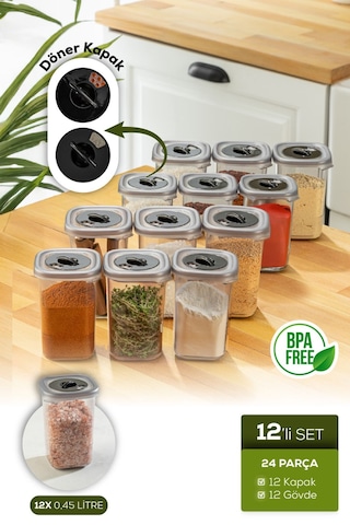 Vienev 12'li Döner Başlık Kapaklı Etiketli Hava Geçirmez 0,45 Lt Baharat Saklama Seti Antrasit