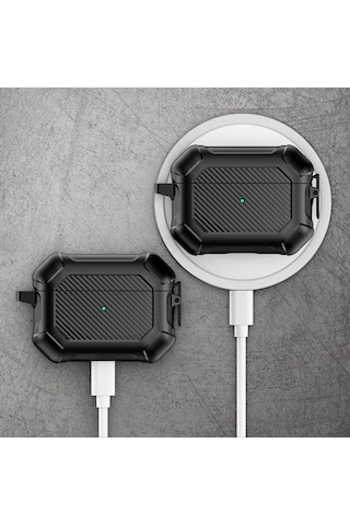 Apple Uyumlu AirPods Pro 3. Nesil İle Kılıf Kilitli Armor Tank Karbon Detaylı Difu Case Siyah
