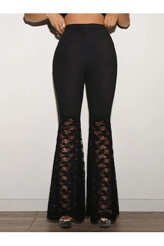 Ge Ticaret Kadın Yüksek Bel Dantel Detaylı Dalgıç Pantolon Siyah