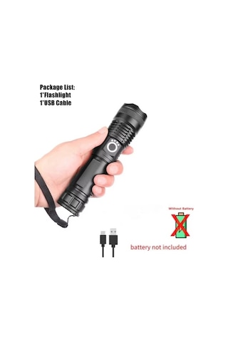 Süper Parlak Şarj Edilebilir Zoom Led Taktik El Feneri Siyah