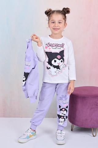 Karakter Baskılı Penye Ceketli - Penye Sweatshirt - Penye Pantolonlu Kız Çocuk 3lü Takım Lila