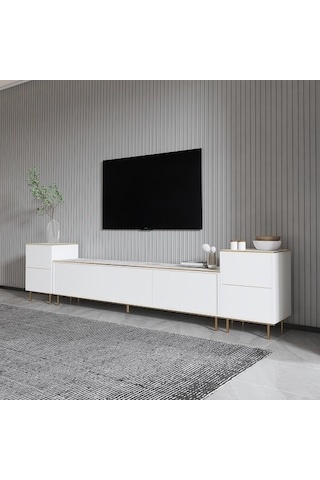 Tv Sehpası Kozan Set Beyaz Mermer Desen Gold 260 Cm