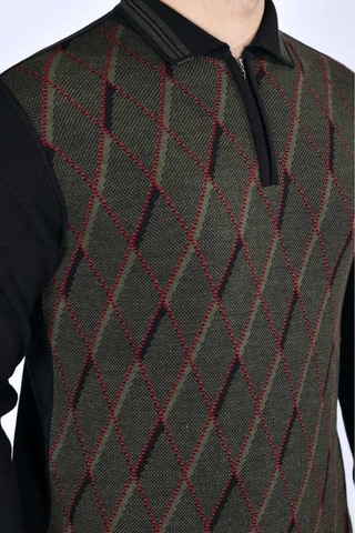 Kamalı Erkek Çelik Örgü Baklava Desenli Gömlek Yaka Fermuarlı Polo Yakalı Tüylenmez Triko Kışlık Baba Kazak Siyah