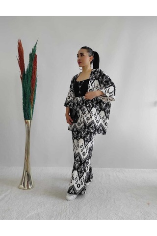 İpli Siyah Renk Desenli Ikili Kimono Takım Rahat Kalıp Siyah