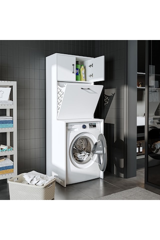 Çamaşır Sepetli Çamaşır Makinesi Dolabı, Banyo Dolabı Mat Beyaz