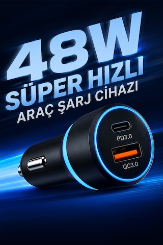48w Hızlı Araç İçi Şarj Cihazı - Çift Portlu Type-c Şarj Kablolu Hızlı Şarj Cihazı