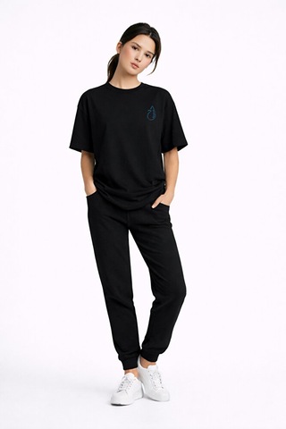 Sevgili Kombini Ateş Su Minimal Çift Tişört Oversize Unisex Partn Siyah