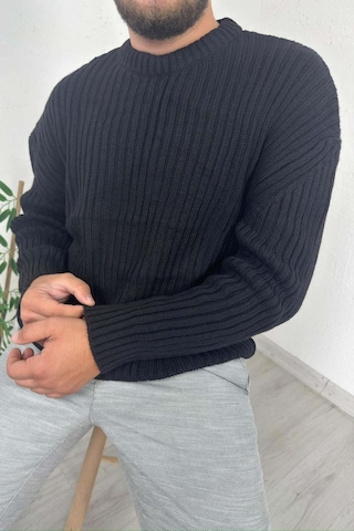 Explode - Erkek Siyah Bisiklet Yaka Oversize Triko Kazak Siyah