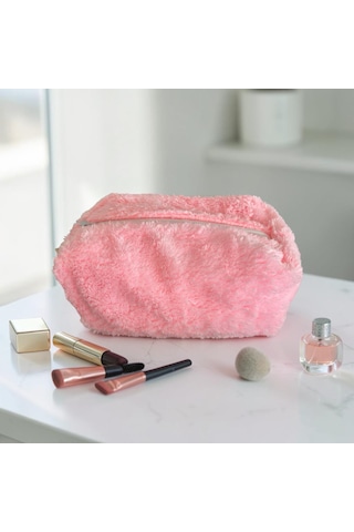 Neon Pembe Peluş Yumuşak Makyaj Çantası Çok Amaçlı Çanta