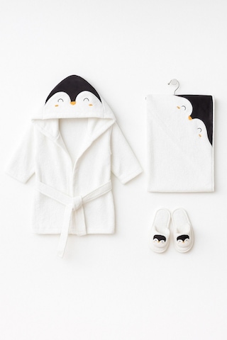 Penguen Desenli Bebek Bornoz Seti 4 Parça Krem