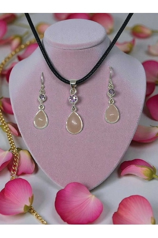 Doğal Pembe Kuvars Taşlı 925 Ayar Gümüş Kolye Ucu Ve Küpe Seti