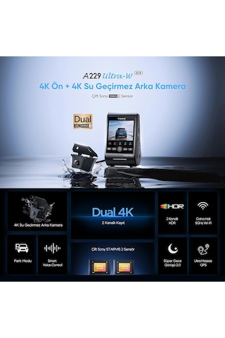 Tr A229 Ultra-w 2 Kameralı Ön Ve Arka Dış Su Geçirmez 4k+4k Sony Starvis 2 Sensörlü Dual Hdr Wi-fi 6 Gps'li Araç