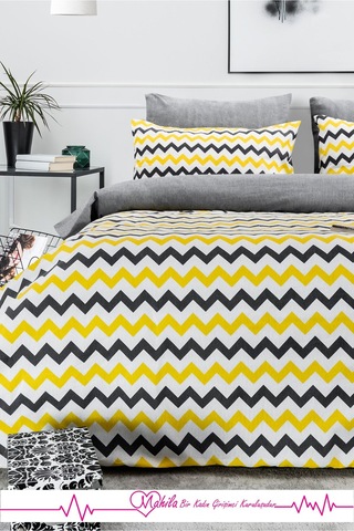 Battal Boy Lüks Pamuklu Nevresim Seti Sarı Zikzak Desen Çok Renkli