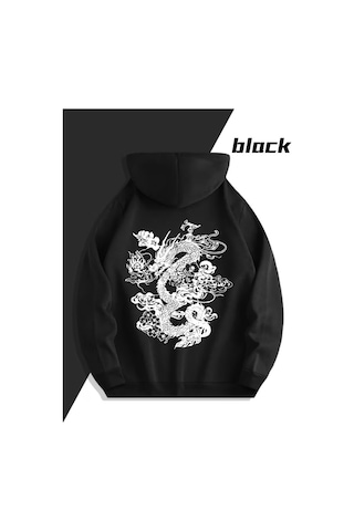 Nevermind Sevgili Kombini Ejderha Sırt Desenli Kapşonlu Sweatshirt Oversi Siyah