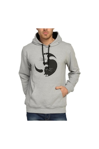 Bant Giyim - Yin Yang Kedi Gri Kapşonlu Erkek Sweatshirt Hoodie