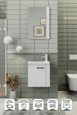 Biani Minila 45 cm Banyo Dolabı,Seramik Lavabolu, Aynalı,Lavabo Dahil,Mdf,Mat Beyaz