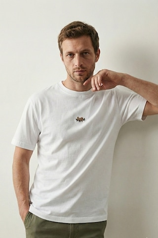 Elemge Pamuk Compact Penye Süprem Beyaz Koala Nakışlı Trend Fit Erkek Tok Kumaş T-shirt Rahat Kesim 2XL