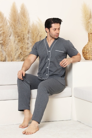Enisena Erkek Boydan Düğmeli %100 Pamuklu Pijama Takımı 12385 Füme