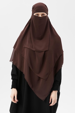 Altobeh Hazır Pratik Şifon Üç Katlı Peçeli Üçgen Hac Umre Şalı Sufle Hijab Nikap Kahve Rengi
