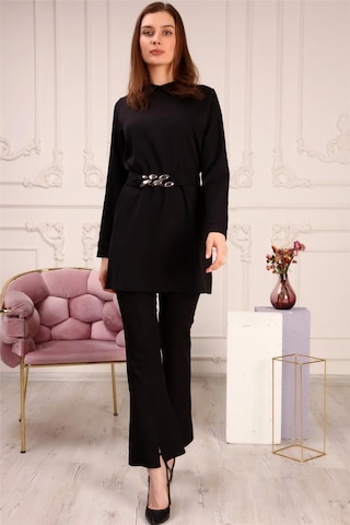 Bwest Zincir Kemerli Sade Basic Tunik Pantolon İkili Takım - 70007 - Siyah-458 Siyah