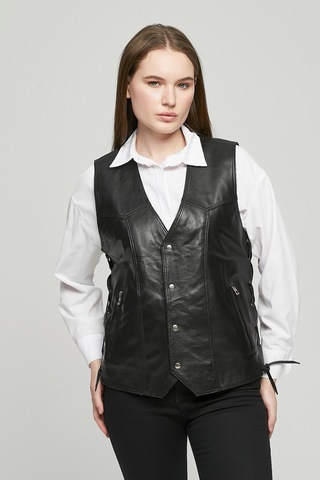 Hakiki Deri Yandan Ayarlanabilir Bağcıklı Yelek Siyah Renk Siyah