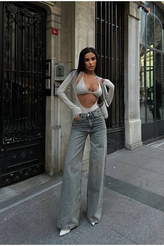 Meecy Tint Yeşili Kadın Wide Leg Jean Yüksek Bel Palazzo Likralı Esnek Kot Pantolon Tintyeşil Tintyeşil