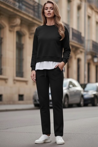 The Kadın Basic Bisiklet Yaka Etek Ucu Detaylı Sweatshirt Ve Pantolon Eşofman Takımı- Siyah/melanj/gri Siyah
