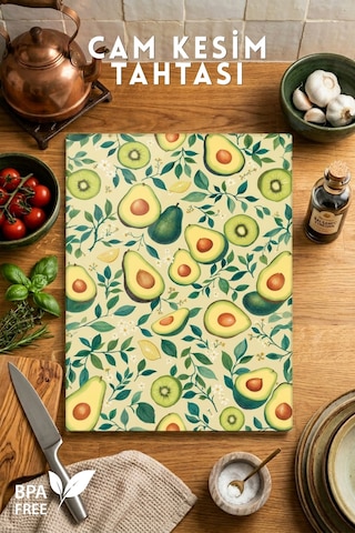Avokado Desenli Cam Kesim Tahtası - 25x35cm -dayanıklı Ve Pratik Kesim Matı Yeşil