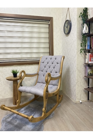 Asedia Vintage Kuğu Naturel Taş Rengi El Oyması Ahşap Sallanan Sandalye Dinlenme Koltuğu