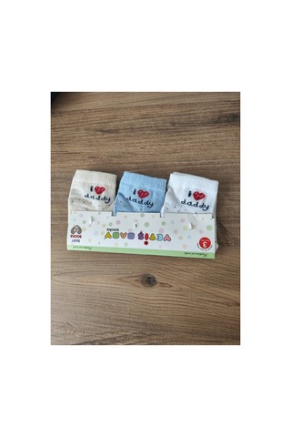 Bambık Yetiş %80 Pamuklu 3'lü Erkek Bebek Çorap Seti - I Love Daddy Baskılı Mavi Beyaz Krem Bebek Çorabı Çok Renkli Çok Renkli