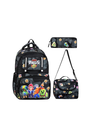 İlkokul Çantası Kids Bag 3'lü Set 42 30 Cm Beslenme Çantası Kalem Kutusu Ortopedik Erkek Çocuk Siyah